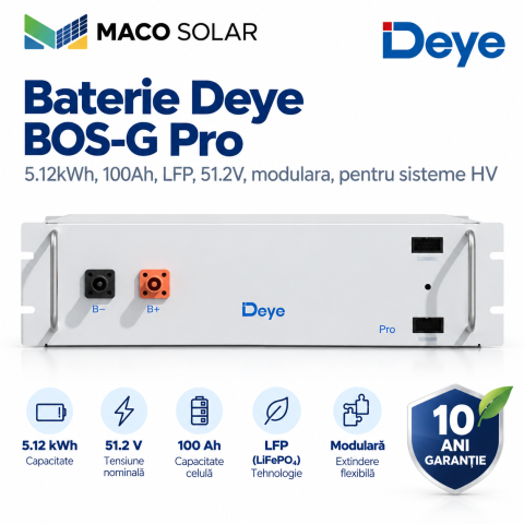 Baterie fotovoltaica Deye BOS-G Pro, 5.12kWh, 100Ah, LFP, 51.2V, modulara, pentru sisteme HV