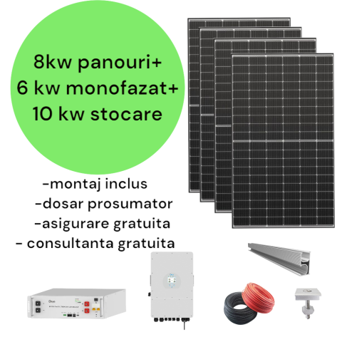 Sistem complet fotovoltaic 8 kw panouri+ 6 kw monofazat + 10 kw stocare