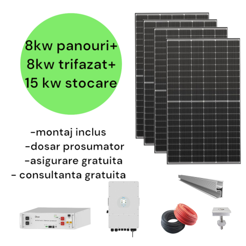 Sistem complet fotovoltaic 8 kw panouri+ 8 kw trifazat + 14.33 kw stocare