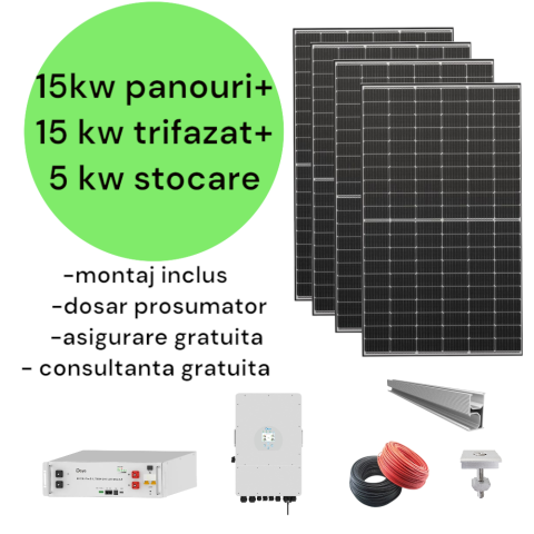 Sistem complet fotovoltaic 15 kw panouri+ 15 kw trifazat + 5 kw stocare