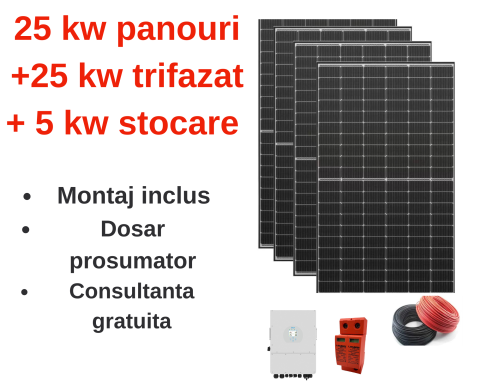 Sistem complet fotovoltaic 25 kw panouri+ 25 kw trifazat+ 5 kw stocare