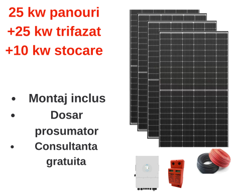 Sistem complet fotovoltaic 25 kw panouri+ 25 kw trifazat + 10 kw stocare