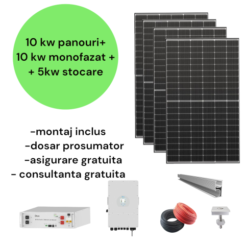 Sistem complet fotovoltaic 10 kw panouri+ 10 kw monofazat + 5 kw stocare