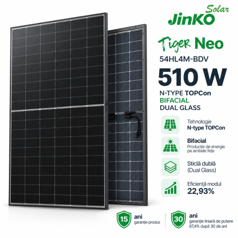 Panou Solar Fotovoltaic JINKO 510W N-Type TopCon bifaciale TigerNeo JKM510N-54HL4M-BDV