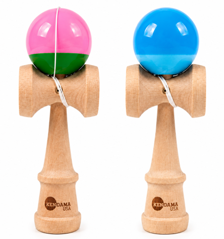 Jucarie Kendama USA  lucioasa, 18 cm, Roz-Verde, Albastru din lemn